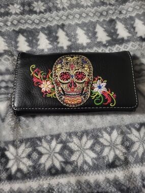 Sugar Skull & Floral Embroidered Wallet Black Faux Leather